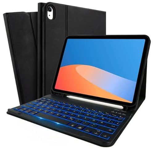 SOPPY Hülle mit Tastatur für iPad A16 11 Gen. 2025(A3354/A3355/A3356), 10,9 Zoll iPad 10 Gen. 2022(A2696/A2757/A2777), kabellose Tastaturhülle Tastaturabdeckung - Deutsches QWERTZ, Schwarz Beleuchtet