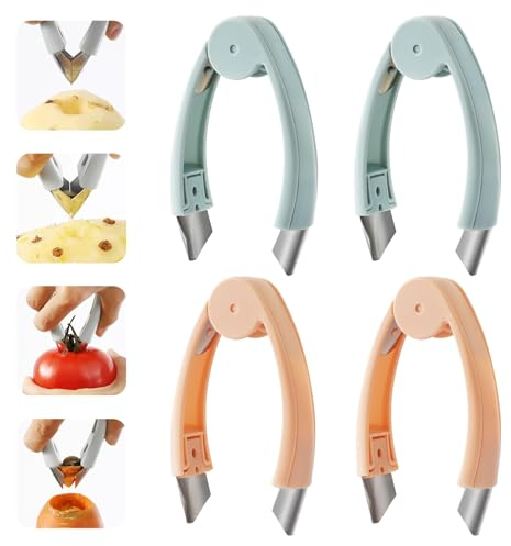 Ananasentkerner und -schneider, Erdbeer-Huller, Stielentferner, Picker-Werkzeug, Edelstahl, Ananasschäler, Augenentferner, Tomatenschneider, Küchenhelfer für Obst und Gemüse (blau + pink), 4 Stück
