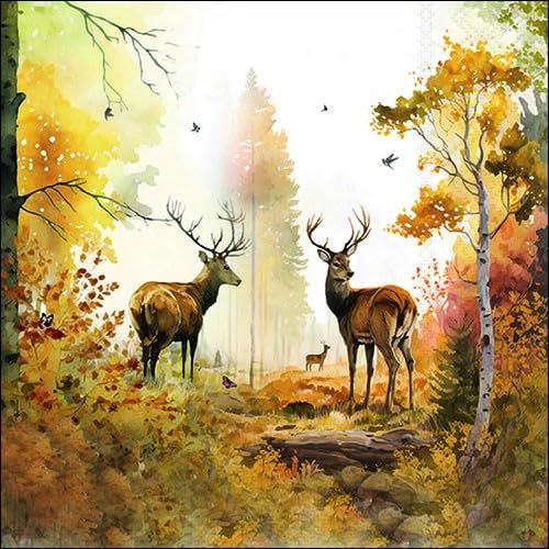 20 Servietten Herbst Hirsche in herbstlicher Umgebung als Tischdeko. Papierservietten mit Motiv. Auch für Decoupage und Serviettentechnik 33x33cm