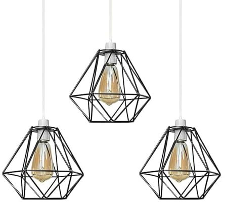 LEDSONE 3-Pack Modern Geometric Diamond Pendant Lampshades - Metal Wire Cage, Black, 14.5x20cm, Ideal for Living Room, Kitchen, Restaurant, Office