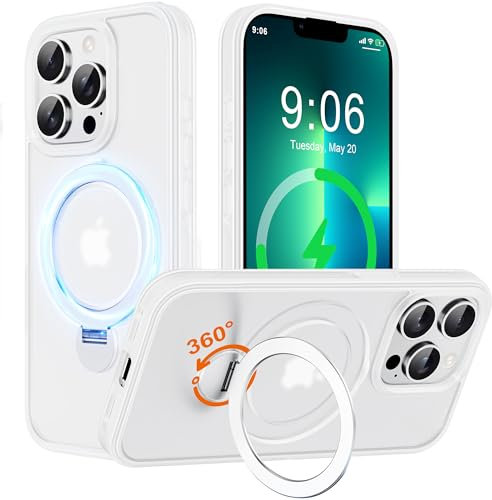 Derwav Multi-in-1 [Magnetic+ Kickstand+ Ring Holder] for iPhone 13 Pro Max Case Compatible with MagSafe, 360° Rotatable Stand with Military Shockproof Silicone Frame Magnet Bumper Cover, White