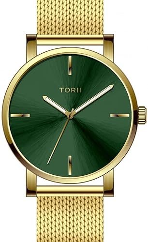 TORII Herrenuhr Grün Edelstahl - rund Quarz G45GG.F4 Milanaise-Armband Strichindizes wasserdicht 100 m