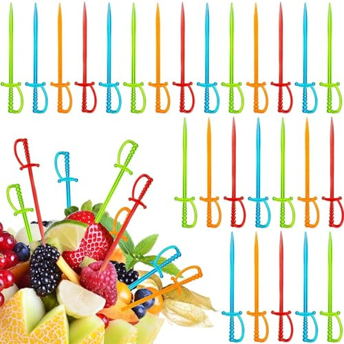 Palitos de cóctel coloridos de espada pirata, 500 púas de espada de plástico para alimentos, bebidas y diversión