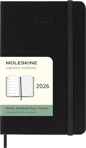 Moleskine Wochenplaner, Wochenagenda 2026 12 Monate mit Platz für Notizen, mit festem Einband und Gummibandverschluss, Pocket-Format 9x14, Farbe Schwarz