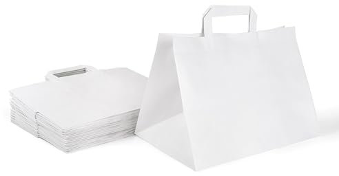 Inoverse 50 stk Papiertüten mit Henkel, Papiertragetaschen, 32+17x22 cm Geschenktüten, Weiß Kraftpapiertüte, Papiertaschen, Groß Einkaufstüten