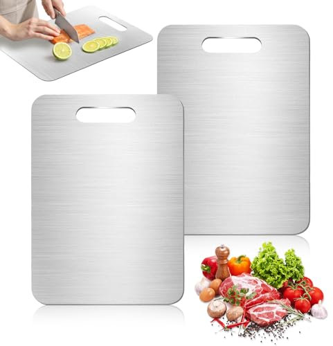 Cozy Inviting 2 Pezzi Tagliere Acciaio Inox, Doppio Lato Tagliere in Acciaio Inossidabile, Antibatterico E Resistente Tagliere Cucina per Uso per Carne, Frutta, Verdura (34 * 23cm+25 * 15cm)