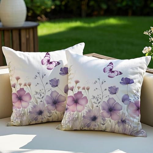 Vorysum 2er Set Outdoor Kissen Lila Blumen Dekokissen Wetterfest Kissenbezug Sommer Modern Kissenbezüge für Garten Sofa Couch Wohnzimmer Schlafzimmer Doppelseitiges Muster 45x45 cm