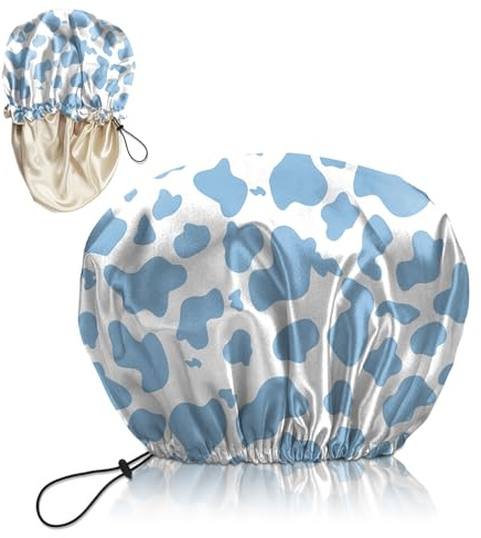 Deokke Luxury Shower Cap Silk Satin Lined Waterproof Reusable Adjustable Elastic Dry Hair Bathing Caps Cute for Women Girls-Flower (G11-Blue Cow)