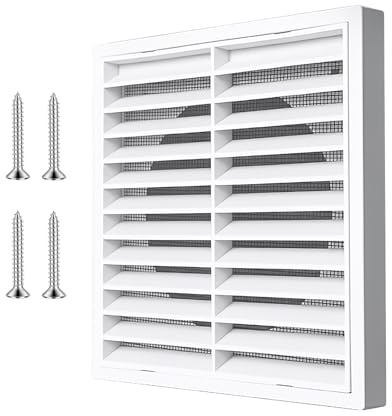 Lüftungsgitter Rechteckig 176x176 mm, Abluftgitter mit Metall Insektenschutz Lüftungsgitter 150mm Abdeckung Dunstabzug Außen mit Beweglichen Lamellen für Badezimmer Heimbüro (Weiß)