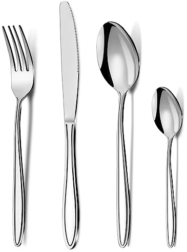 Cutlery Set, Pleafind 48-Piece Stainless Steel Flatware Set for 12 People, Spoon Knife and Fork Sets, Mirror Polished and Dishwasher Safe, Silverware Set for Home, Kitchen
