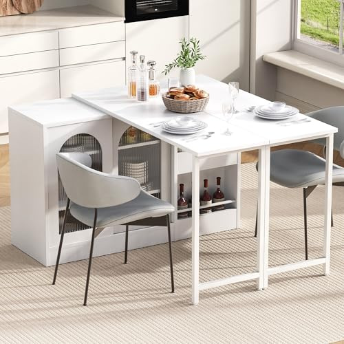 LinoraFurn Moderna mesa de bar extensible, giratoria 360°, con espacio de almacenamiento, reversible, con puerta de armario de cristal, mesa de bar para muebles de cocina, cafetería (blanco, 121,5 x