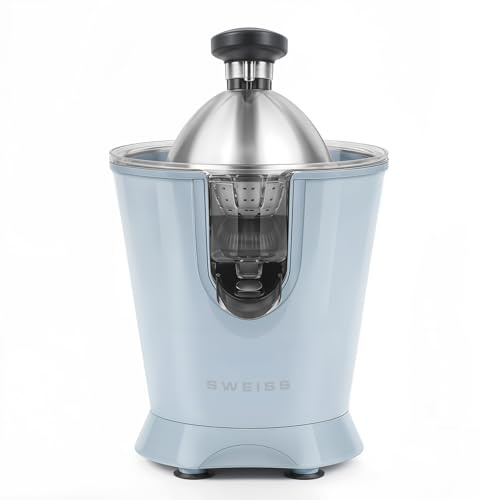SWEISS ZEST6 Elektrische Zitruspresse, professionell, tropffreier Ausgießer, spülmaschinenfest, leises Gerät, leistungsstarker Gelenkarm, 160 W, Blau