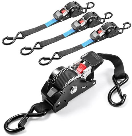 YedZen 4 cinghie di tensione automatiche con gancio a S, 3 m x 25 mm, resistenza alla rottura 680 kg, cinghie autoavvolgenti con cricchetto, cinghia di ancoraggio per camion, kayak, moto, bicicletta e