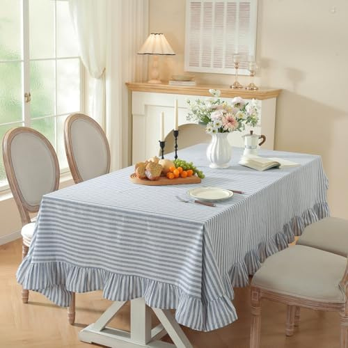 Blausky Tischdecke Baumwolle Leinen mit Rüschenkante 140x200cm,Landhausstil Tischwäsche Tischtuch für Küche Esszimmer Gartentisch,Stoff Tischdecke für Alltag Weihnachts Picknick,Blau-Weiß