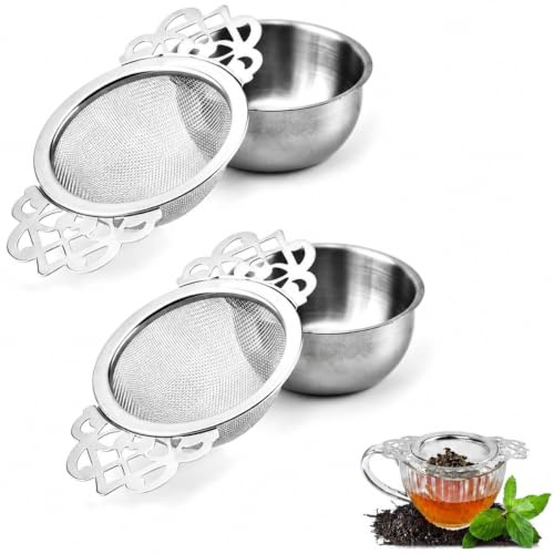 Tea Strainer Stainless Steel, Fine Mesh for Loose Tea with Drip Bowl | Smooth Edge Ergonomic Handle Loose Leaf Tea Strainer for Teapot Cup