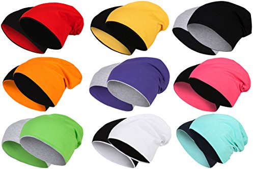 2 in 1 Wendemütze - Reversible Slouch Long Beanie Jersey Baumwolle elastisch Unisex Herren Damen Mütze Heather in 24 (8) (Light Grey/Black)