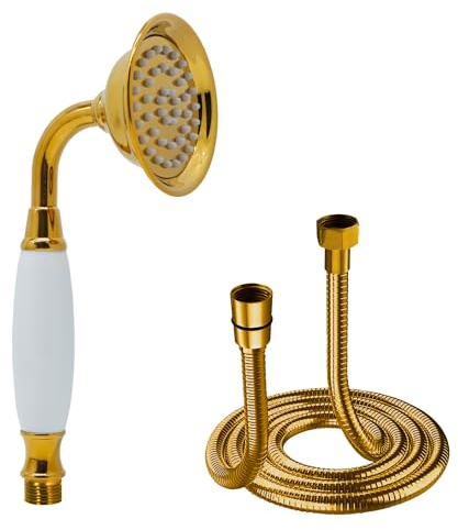 Delnet Classical High-Pressure Head Shower Gold Traditional Telephone Style Hand Held Shower Head Water Saving Shower and 1.5M Hose