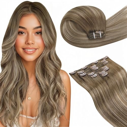 LaaVoo Clip in Extensions Echthaar Braun Balayage Echthaar Extensions Clip Ombre Hellbraun Dunkelblond 35cm 7PCS 120g #8/16/8