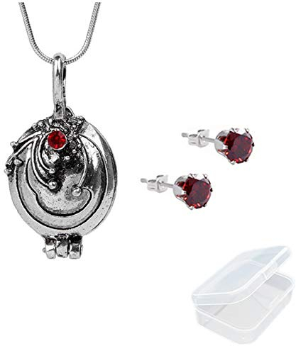 JinYu 2 Set Die Vampir-Tagebücher Elena Gilbert Eröffnung Vervain Medaillon Anhänger Halskette und rote Ohrringe mit transparenter Box