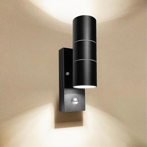 Wondlumi Outdoor Wall Lights PIR Motion Sensor Up and Down Outside Light Mains Powered IP44 Black Wall Lamp Incl. 2X 5W LED GU10 Bulbs Cool White 6000K