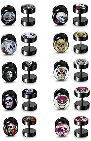 Zysta Piercing 10 Paare 10mm Ohrstecker aus Edelstahl Fake Plugs Ohrringe Fake Ohr Cheater Tunnel Plug Barbell Ohrpiercing für Damen Herren (Skelett)