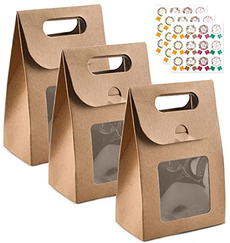 Enenes Bags Bakery Bags with Window 50 PCS Large Kraft Paper Loaf Bread Packaging Bread Storage Bags for Homemade Bread Cookie Treat Packaging Bags with 60 PCS Label Seal Stickers(Kraft Handle)