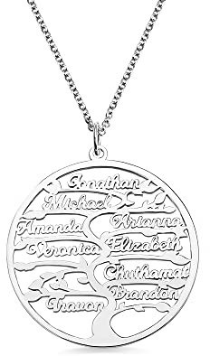 BYFDIY Personalised Family Tree Necklace with 1-13 Customised Names of Life Pendant 925 Sterling Silver Name Plate Custom Egnraving Jewellery Gift for Friends, Yellow,Silver