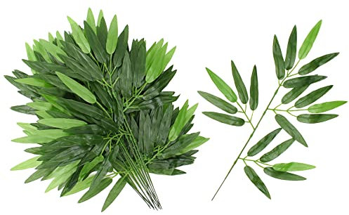 HUIANER Lot de 20 feuilles de bambou artificielles, faux bambou vert avec longue tige, plante de verdure pour hôtel, maison, étagère, mur, ferme, forêt en bambou