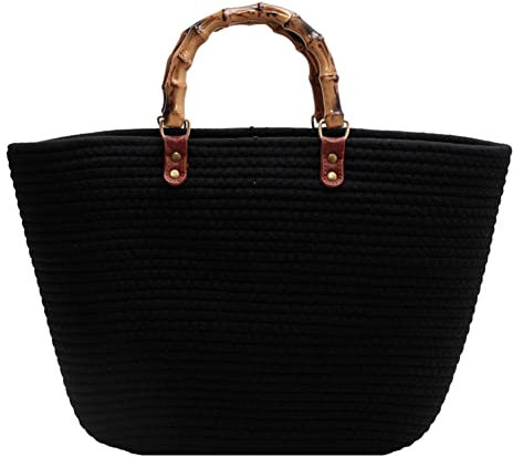 popyes Sac de Paille Femme Tissés en Coton avec Poignée en Bambou Sac à Main en Paille de Grande Capacité Sac de Plage Femme Paille Sac Cabas Paille Femme Sac Panier Femme
