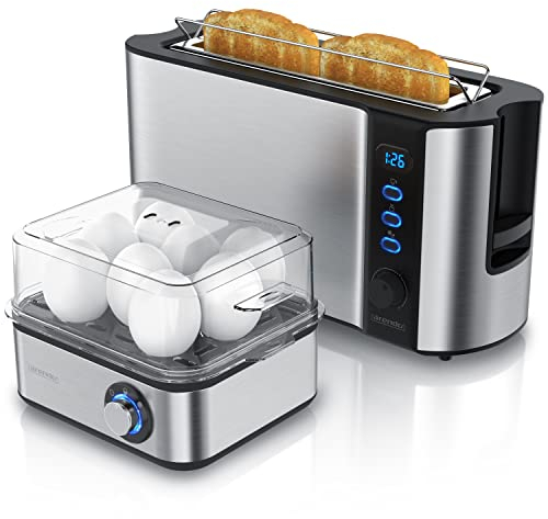Arendo SET Toaster FRUKOST mit Eierkocher EIGHTCOOK Edelstahl Silber Toaster 2 Scheiben LED-Display 6 Bräunungsgrade Brötchenhalter Eierkocher 1-8 Eier Messbecher