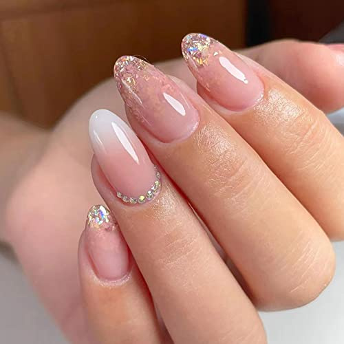 Clataly 24pcs faux acrylique imprimé sur blanc étoile ondulé ongles drôle nu Rose faux ongles femmes et filles ensemble complet d'ongles (C)