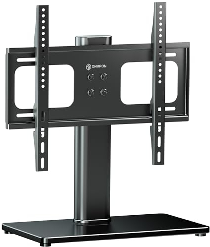 ONKRON Pied Support TV en Verre Trempé pour 26 - 55 TV, Meuble TV sur Pied Poids de 30 kg - Support TV sur Pied VESA 75x75 - VESA 400x400 / Support TV Montage sur Table Hauteur Réglable PT1-B Noir