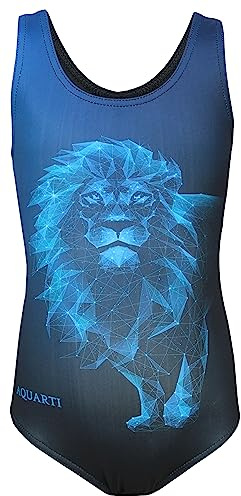 Aquarti Badeanzug Mädchen – Sportlicher Mädchen Badeanzug mit Ringerrücken Print, Farbe: Löwe Blau/Schwarz, Größe: 140