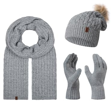 Rock Creek Winter Mütze mit Bommel Schal Set Geschenkset Wintermütze Winterschal Winterhandschuhe Herrenmütze Damenmütze U-102 Grau Einheitsgröße
