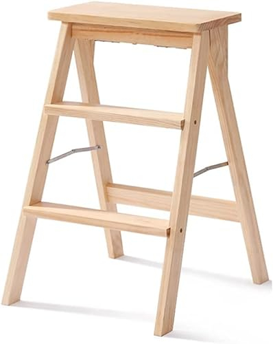 Step Ladders Solid Wooden Step Stool Folding Kitchen Stepladders 3 Step Ladder with Locking Hinge Design Pine Wood Frame Ladder for Kitchen Portable Step Stool
