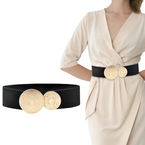 Elastische Gürtel Damen Breit Taillengürtel Goldener Schnalle, Mode Schnalle Gürtel mit Goldschnalle, Stretchgürtel Damen Retro, Taillengürtel für Kleid Pulloverjacke Breiter Gürtel(Schwarzes Gold)