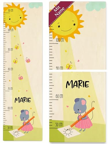 Messlatte Kind Holz - Kindermesslatte süße Maus Sonne mit Name I Mäuschen Babymesslatte Maus im Sonnenschein - 50-110 cm - Holz - kinder mäuse mäusen