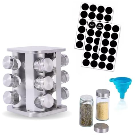 360° Rotating Spice Rack, 20-Jar Seasoning Organiser With Erasable Labels And Funnel, Square Carousel Free Standing Rack For Kitchen