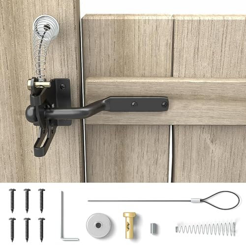 ADERTOS Self Locking Gate Gravity Latch Carbon Steel Auto Gate Latch Garden Gate Latches and Catches with Adjustable Gate Latch Cable Pull for Metal Wooden Fences Gates Sheds - Black, Spring Loaded