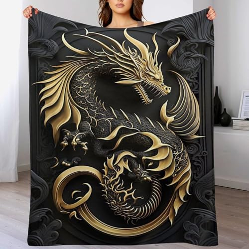 PAZZK Drache Decke Flauschig & Super Weich - Hochwertige Flannel Fleecedecke Auch Als Wohndecke, Tagesdecke, Sofadecke & Wohnzimmer Geeignet - Überwurf Decke Sofa & Couch,(130×150cm)