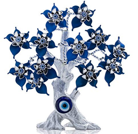 HDCRYSTALGIFTS Türkischer Bonsai Baumschutz, böser Blick, Statue für Glück, Feng Shui, Dekoration für Zuhause und Büro, ca. 26,5 cm, Blau