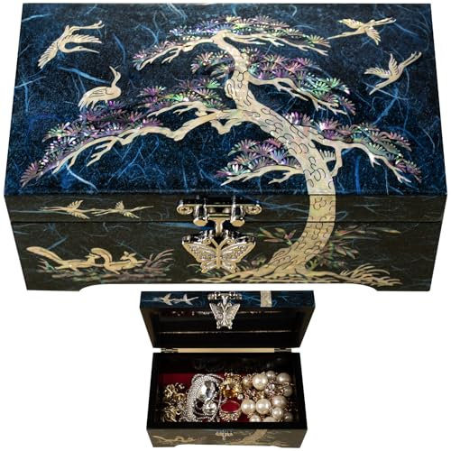 BinNADA Superbe boîte à bijoux en bois avec couvercle incrusté de nacre et coquillage d'ormeau - Décoration orientale vintage parfaite - Cadeau pour bijoux - Art coréen - Bleu sapin