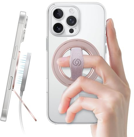 EWA MagOne 3rd Gen [Kompatibel mit MagSafe] Handy Griff ständer mit elastischem Fingerloop, drehbaren Innenring, abnehmbarem magnetischen Ringhalter, für iPhone 16, 15, 14, 13, 12 - Roségold