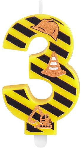 Zolunu Construction Theme Birthday Candle, Construction Birthday Cake Toppers for Boys, Number 3 Candle, Yellow Black Stripes Birthday Candle for Themed Birthday Party Decoration Supplies Favors Gifts