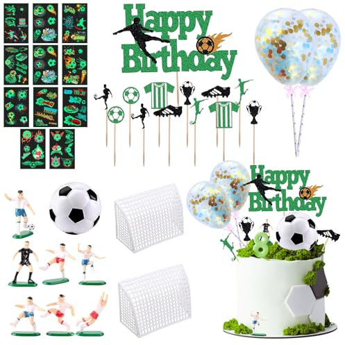 SPERMUOY Tortendeko Fussball,35 Stück Fußball Tortendeko Set Fussball Deko Geburtstag mit Aufkleber,Tortenaufleger Fussball Deko Torte Kuchendeko Fussball Geburtstag für Junge Fußball Party
