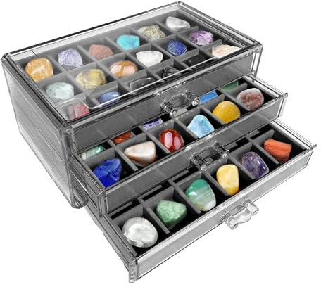 Aizuoni Setzkasten Für Steine, Setzkasten Für Mineralien Und Steine, Rock-Sammelbox, Edelstein-Vitrine, Acryl Vitrine, Fossile Vitrine Mit 54 Fächern - 3-lagige Visuelle Acryl-Edelstein-Vitrine