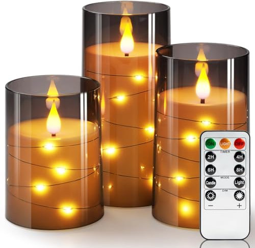 Homemory Flackernde Flammenlose Kerzen mit Lichterkette, Batteriebetriebene Kerzen, Eingebettete Lichterkette, LED-Kerzen, Unzerbrechliche Kerzen mit Fernbedienung, Grau, Dekorationen, 3er-Set