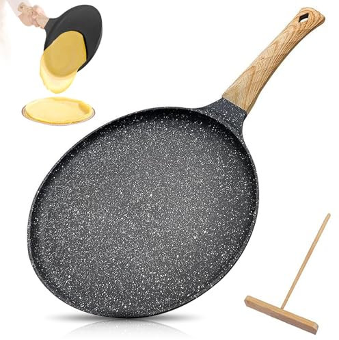 RANJIMA Crepe - Padella antiaderente per pancake, 24 cm, in granito, antiaderente con manico in bachelite, padella piatta compatibile con tutti i fornelli e a induzione, senza PFOA, colore: Grigio