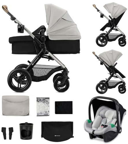 Kinderkraft MOOV XL Kinderwagen 3 in 1 Kinderwagenset bis 27 kg mit Kindersitz I-Size 40-75 cm, Große aufblasbare Räder mit Dämpfung, Verwandelbarer 2-in-1 Sitz, Babywanne XL, Zubehörsatz, Grau