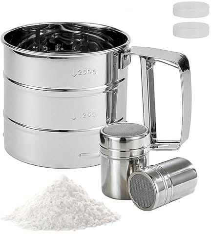 3Pcs Stainless Steel Flour Sifter & Icing Sugar Shakers Set - Baking Tools for Coffee Art, Cake Decorating, Kitchen Sifting with Airtight Lid